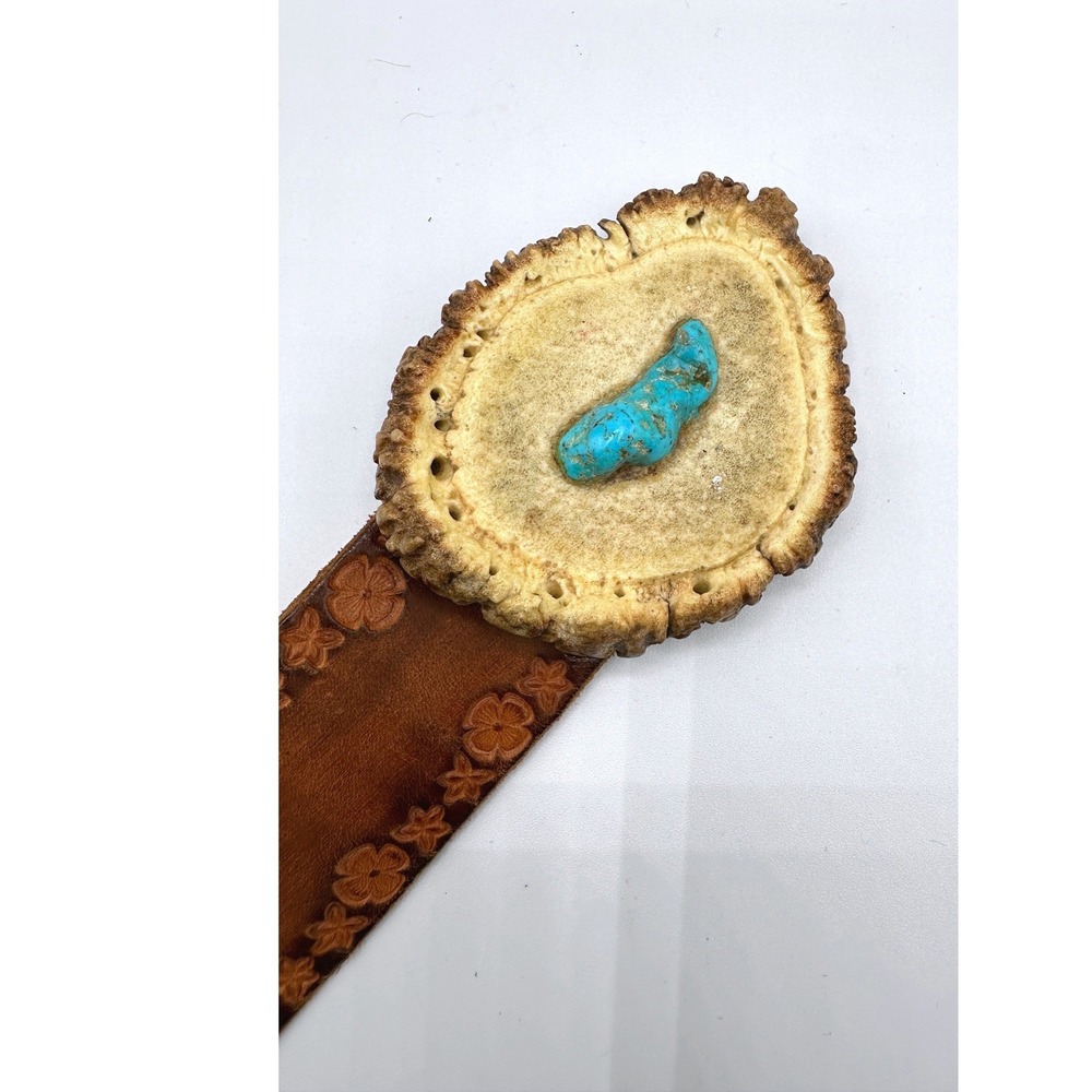 Vintage Tooled Leather Belt Antler Buckle Turquoise Inlay Western Brown Floral - Picture 2 of 8